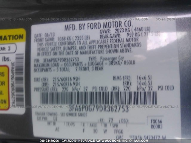 3FA6P0G79DR362753 - 2013 FORD FUSION S GRAY photo 9