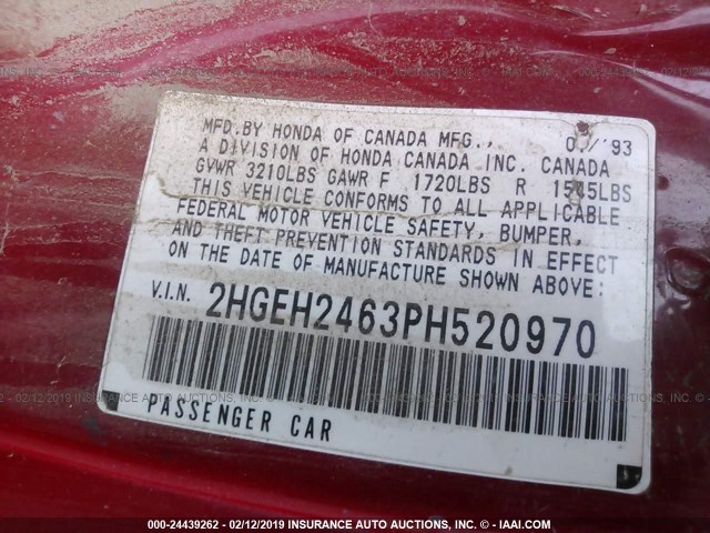 2HGEH2463PH520970 - 1993 HONDA CIVIC DX RED photo 9