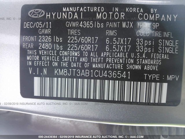 KM8JT3AB1CU436541 - 2012 HYUNDAI TUCSON GL SILVER photo 9