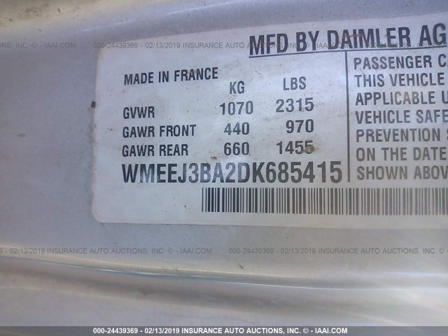 WMEEJ3BA2DK685415 - 2013 SMART FORTWO PURE/PASSION Ağ foto 9