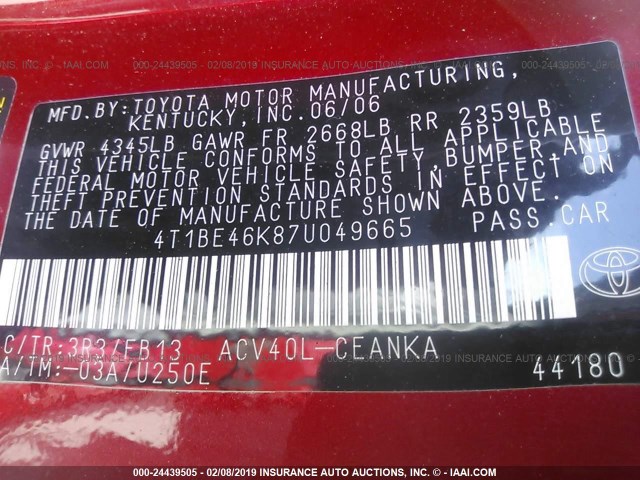 4T1BE46K87U049665 - 2007 TOYOTA CAMRY NEW GENERAT CE/LE/XLE/SE RED photo 9