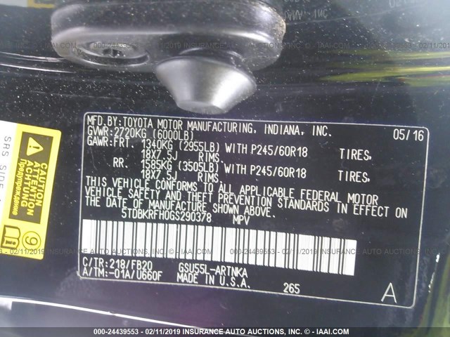 5TDBKRFH0GS290378 - 2016 TOYOTA HIGHLANDER LE/LE PLUS BLACK photo 9