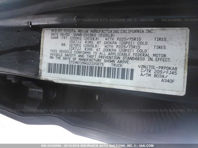 5TEHN72N42Z105875 - 2002 TOYOTA TACOMA DOUBLE CAB 黑色 照片 9