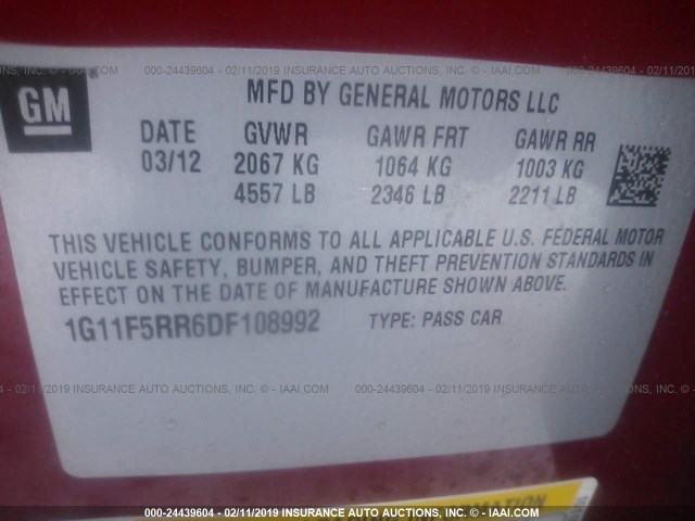 1G11F5RR6DF108992 - 2013 CHEVROLET MALIBU 2LT BURGUNDY photo 9