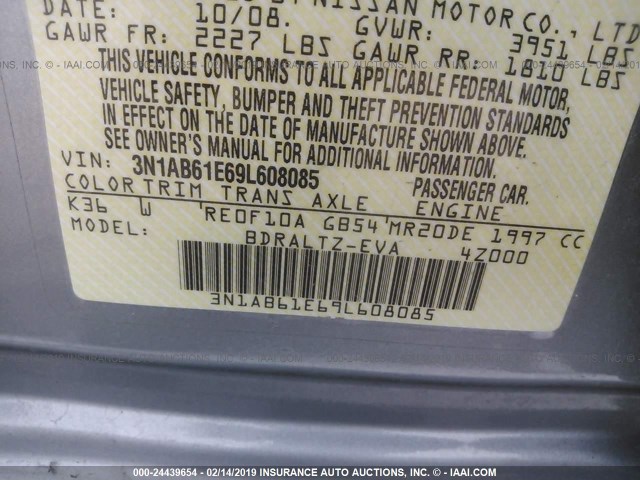 3N1AB61E69L608085 - 2009 NISSAN SENTRA 2.0/2.0S/2.0SL GRAY photo 9