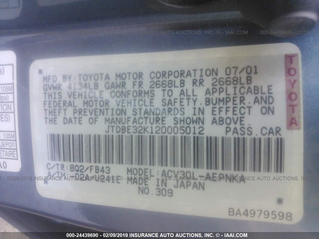 JTDBE32K120005012 - 2002 TOYOTA CAMRY LE/XLE/SE BLUE photo 9