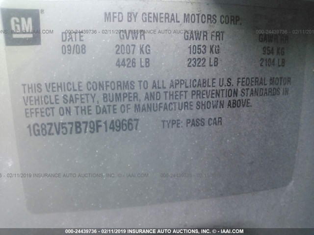 1G8ZV57B79F149667 - 2009 SATURN AURA XR SILVER photo 9