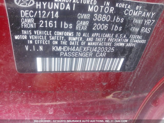 KMHDH4AEXFU420325 - 2015 HYUNDAI ELANTRA SE/SPORT/LIMITED RED photo 9