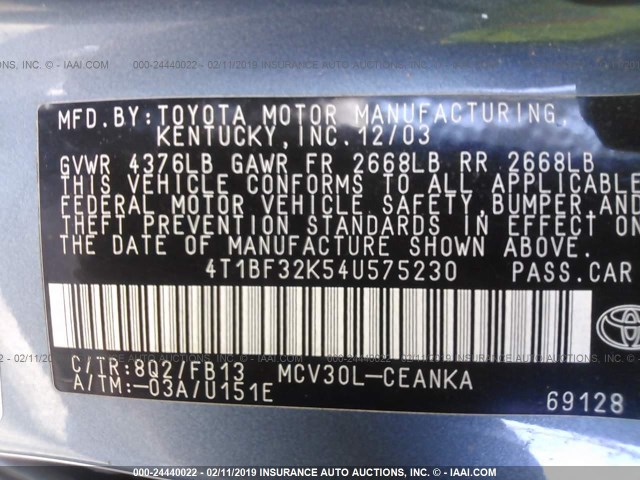 4T1BF32K54U575230 - 2004 TOYOTA CAMRY LE/XLE/SE Light Blue photo 9