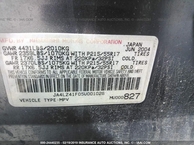 JA4LZ41F05U001026 - 2005 MITSUBISHI OUTLANDER XLS GRAY photo 9