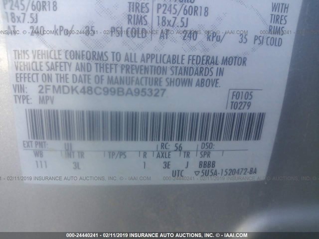 2FMDK48C99BA95327 - 2009 FORD EDGE SEL SILVER photo 9