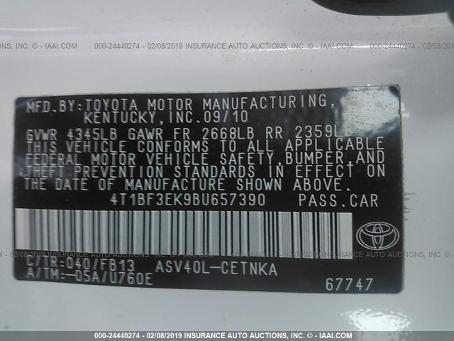 4T1BF3EK9BU657390 - 2011 TOYOTA CAMRY SE/LE/XLE 白色 照片 9