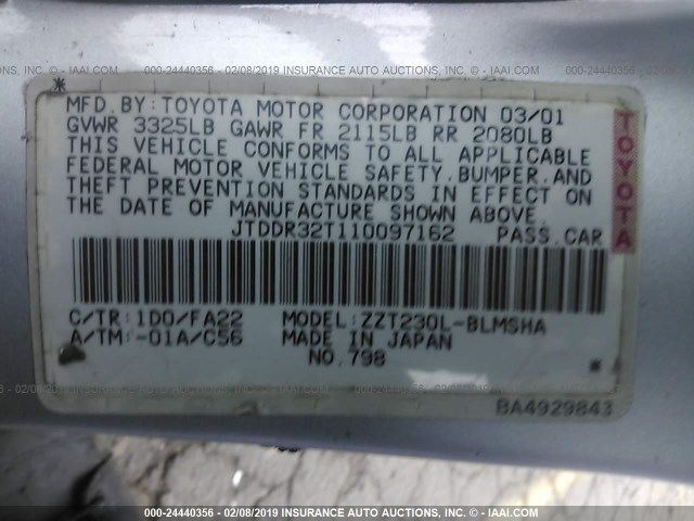 JTDDR32T110097162 - 2001 TOYOTA CELICA GT SILVER photo 9