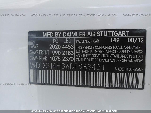 WDDGJ4HB6DF988421 - 2013 MERCEDES-BENZ C 250 WHITE photo 9