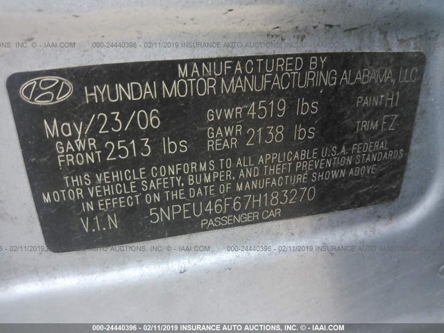 5NPEU46F67H183270 - 2007 HYUNDAI SONATA SE/LIMITED Light Blue photo 9