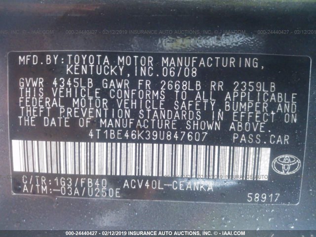 4T1BE46K39U847607 - 2009 TOYOTA CAMRY SE/LE/XLE 灰色 照片 9