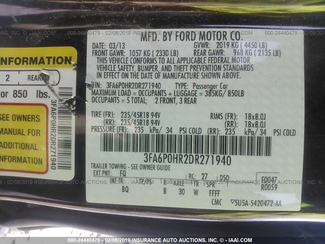 3FA6P0HR2DR271940 - 2013 FORD FUSION SE ბურგუნდია ფოტო 9