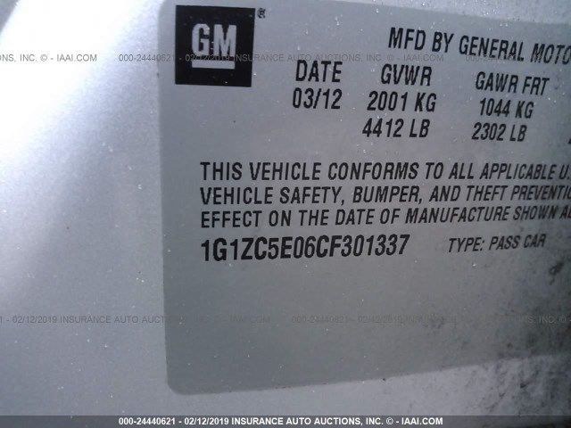 1G1ZC5E06CF301337 - 2012 CHEVROLET MALIBU 1LT ვერცხლისფერი ფოტო 9