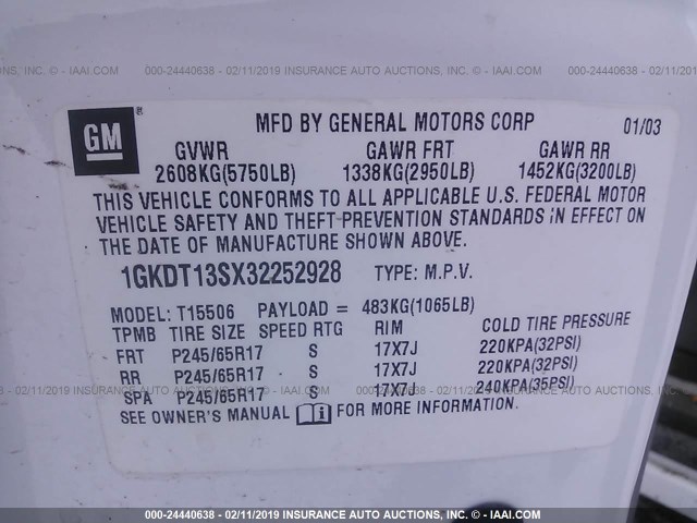 1GKDT13SX32252928 - 2003 GMC ENVOY 白色 照片 9