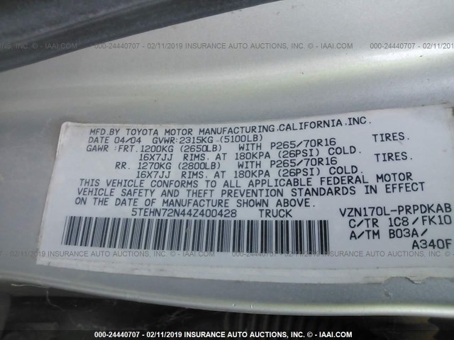 5TEHN72N44Z400428 - 2004 TOYOTA TACOMA DOUBLE CAB 银色 照片 9