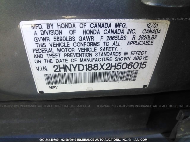 2HNYD188X2H506015 - 2002 ACURA MDX TOURING GRAY photo 9