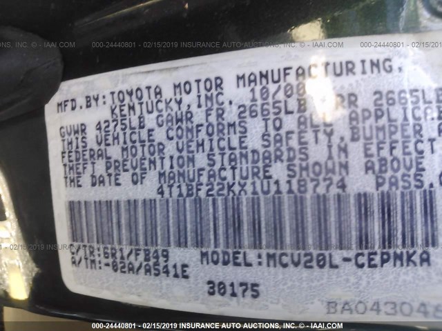 4T1BF22KX1U118774 - 2001 TOYOTA CAMRY LE/XLE GREEN photo 9