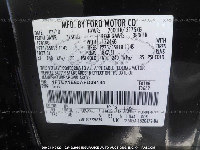 1FTEX1E80AFD08144 - 2010 FORD F150 SUPER CAB BLACK photo 9