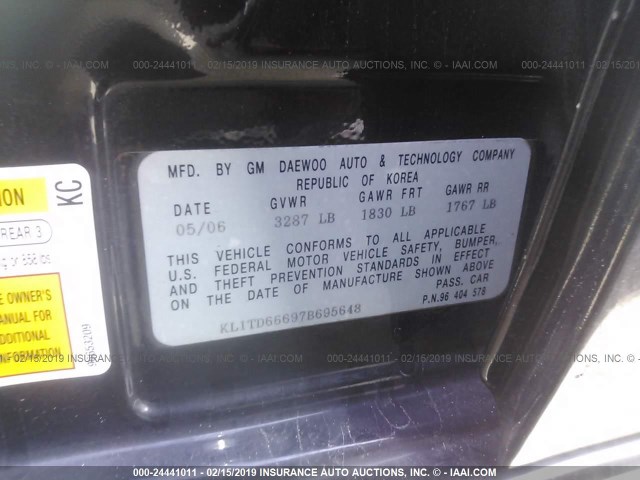 KL1TD66697B695648 - 2007 CHEVROLET AVEO LS BLACK photo 9