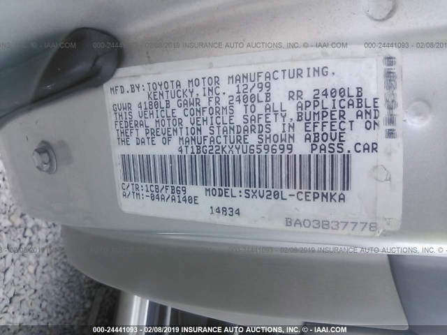 4T1BG22KXYU659699 - 2000 TOYOTA CAMRY CE/LE/XLE 银色 照片 9