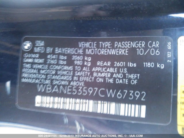 WBANE53597CW67392 - 2007 BMW 525 I BLACK photo 9