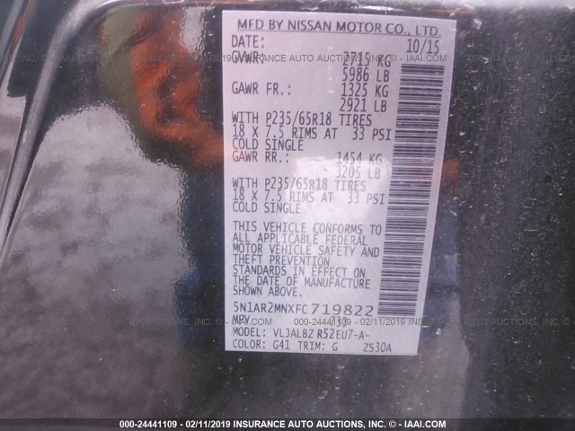 5N1AR2MNXFC719822 - 2015 NISSAN PATHFINDER S/SV/SL/PLATINUM BLACK photo 9