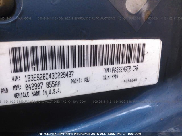 1B3ES26C43D229437 - 2003 DODGE NEON SE BLUE photo 9