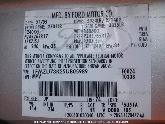 1FMZU73K25UB05989 - 2005 FORD EXPLORER XLT/XLT SPORT/NBX SILVER photo 9