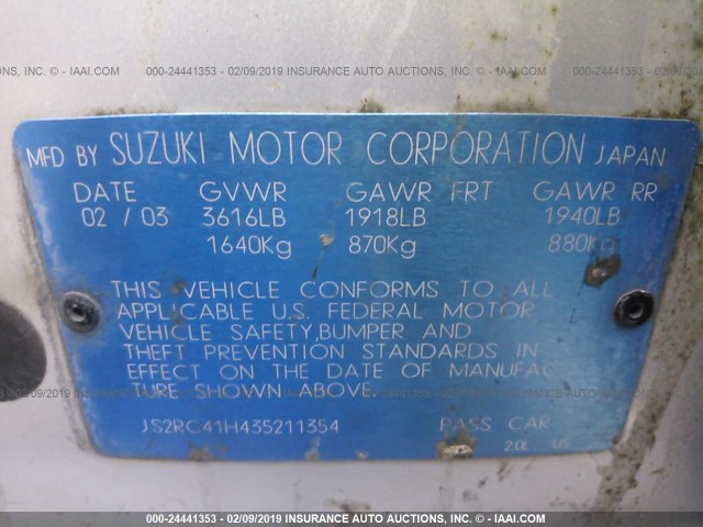 JS2RC41H435211354 - 2003 SUZUKI AERIO SX SILVER photo 9