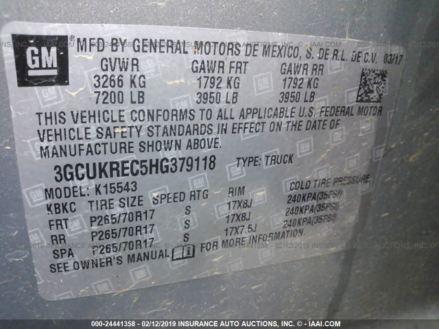 3GCUKREC5HG379118 - 2017 CHEVROLET SILVERADO K1500 LT GRAY photo 9