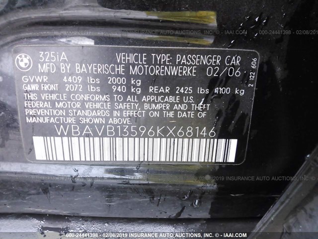 WBAVB13596KX68146 - 2006 BMW 325 BLACK photo 9