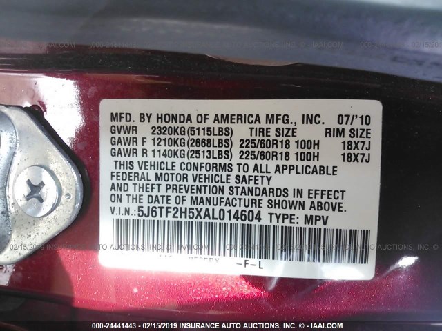 5J6TF2H5XAL014604 - 2010 HONDA ACCORD CROSSTOUR EXL MAROON photo 9