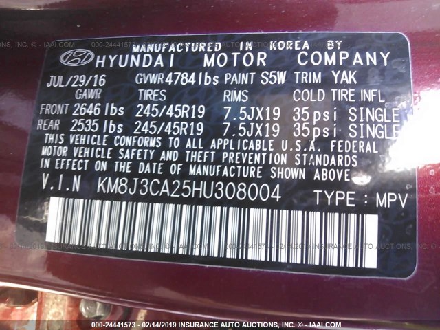 KM8J3CA25HU308004 - 2017 HYUNDAI TUCSON LIMITED/SPORT AND ECO/SE MAROON photo 9