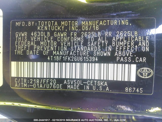 4T1BF1FK2GU615394 - 2016 TOYOTA CAMRY LE/XLE/SE/XSE შავი ფოტო 9