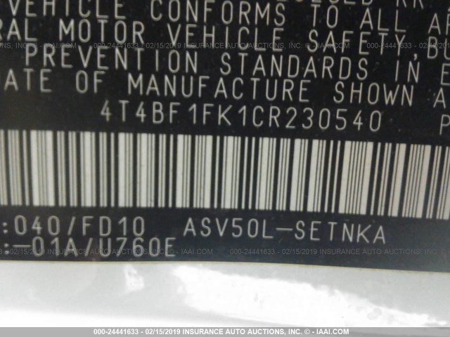 4T4BF1FK1CR230540 - 2012 TOYOTA CAMRY SE/LE/XLE 白色 照片 9