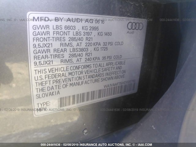 WA1VAAF75HD020756 - 2017 AUDI Q7 PRESTIGE GRAY photo 9