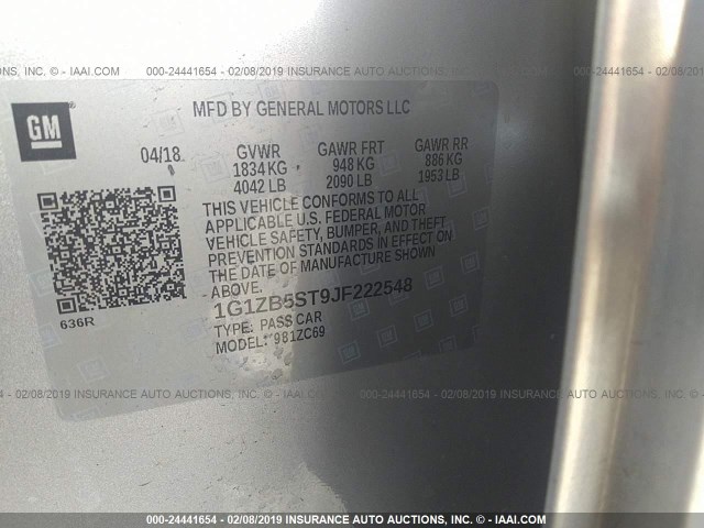 1G1ZB5ST9JF222548 - 2018 CHEVROLET MALIBU LS SILVER photo 9