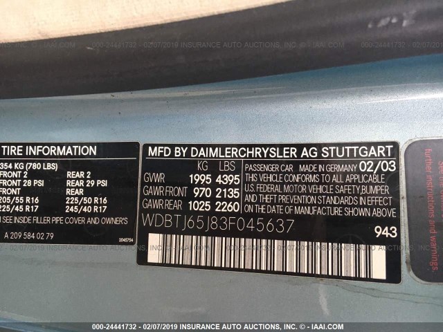 WDBTJ65J83F045637 - 2003 MERCEDES-BENZ CLK 320C Light Blue photo 9