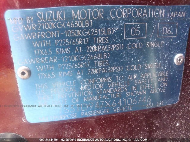 JS3TD947X64106746 - 2006 SUZUKI GRAND VITARA LUXURY RED photo 9