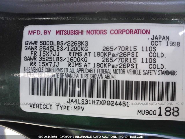 JA4LS31H7XP024451 - 1999 MITSUBISHI MONTERO SPORT LS/SPORT XLS GREEN photo 9