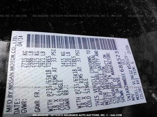 5N1AR2MM0EC688523 - 2014 NISSAN PATHFINDER S/SV/SL/PLATINUM BLACK photo 9