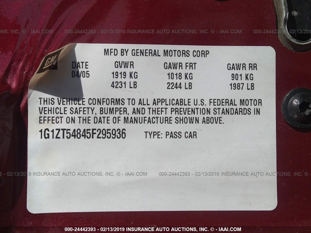 1G1ZT54845F295936 - 2005 CHEVROLET MALIBU LS SILVER photo 9