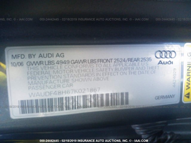 WAUDF48H67K021867 - 2007 AUDI A4 2.0T CABRIOLET QUATTRO GRAY photo 9