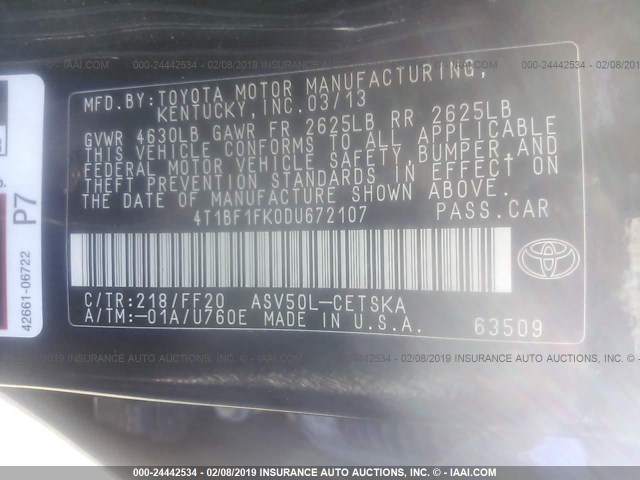 4T1BF1FK0DU672107 - 2013 TOYOTA CAMRY L/SE/LE/XLE 黑色 照片 9