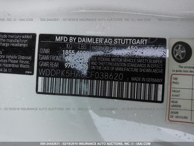 WDDPK5HA6CF038620 - 2012 MERCEDES-BENZ SLK 350 WHITE photo 9